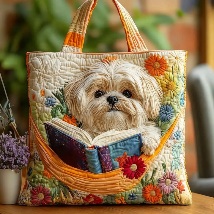 Sac fourre-tout matelassé - Shih Tzu avec des livres et des fleurs