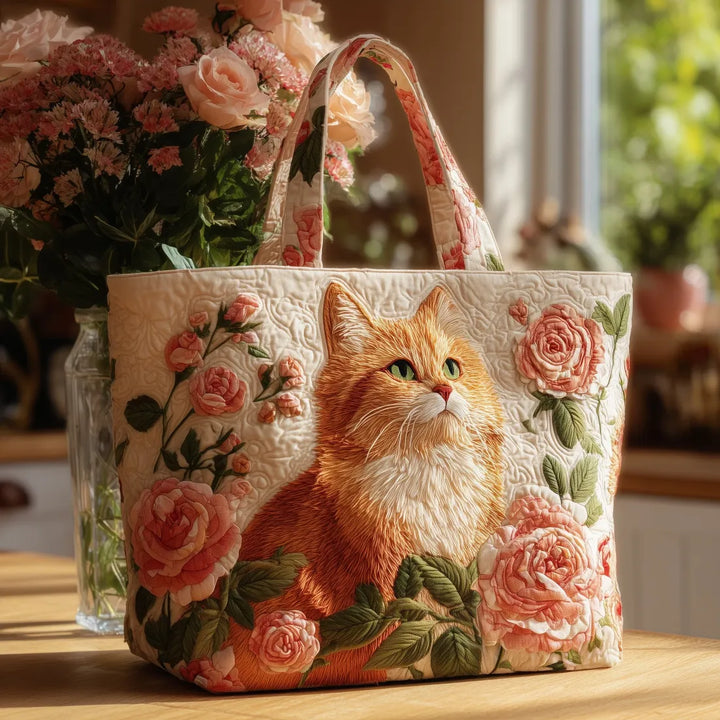 Sac fourre-tout matelassé - Chat roux avec des roses