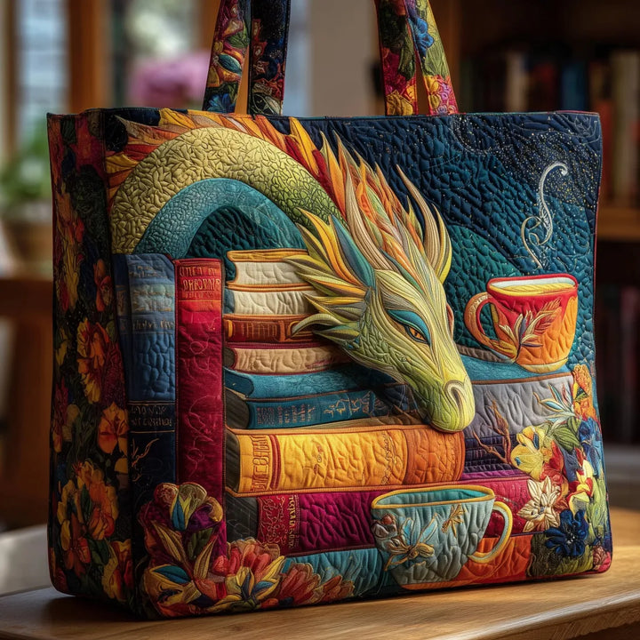 Sac fourre-tout matelassé - Dragon de lecture avec livres et tasses
