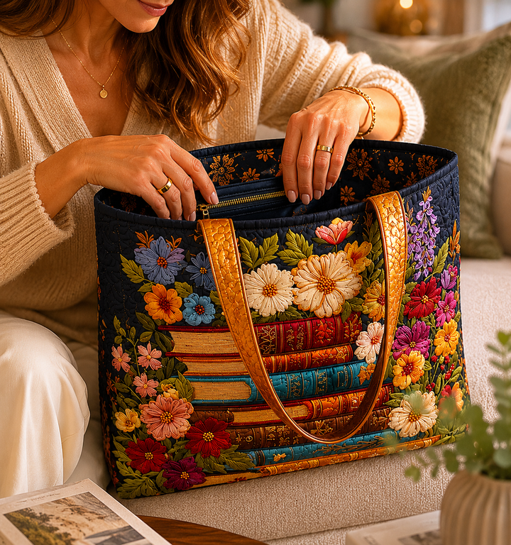 Sac fourre-tout matelassé - Imprimé floral et livre