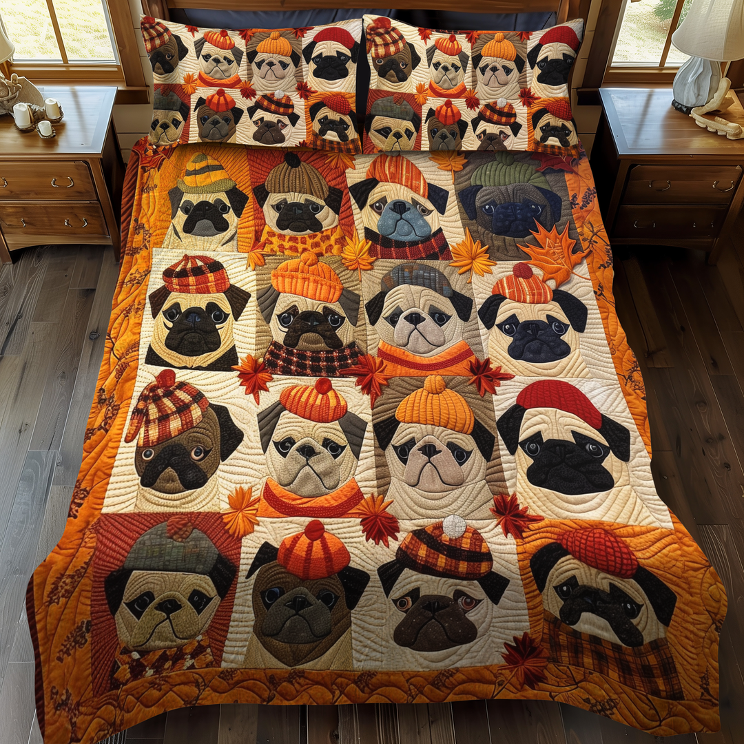 Ensemble de Literie Matelassé 3 Pièces Pugs Ambiance Automnale
