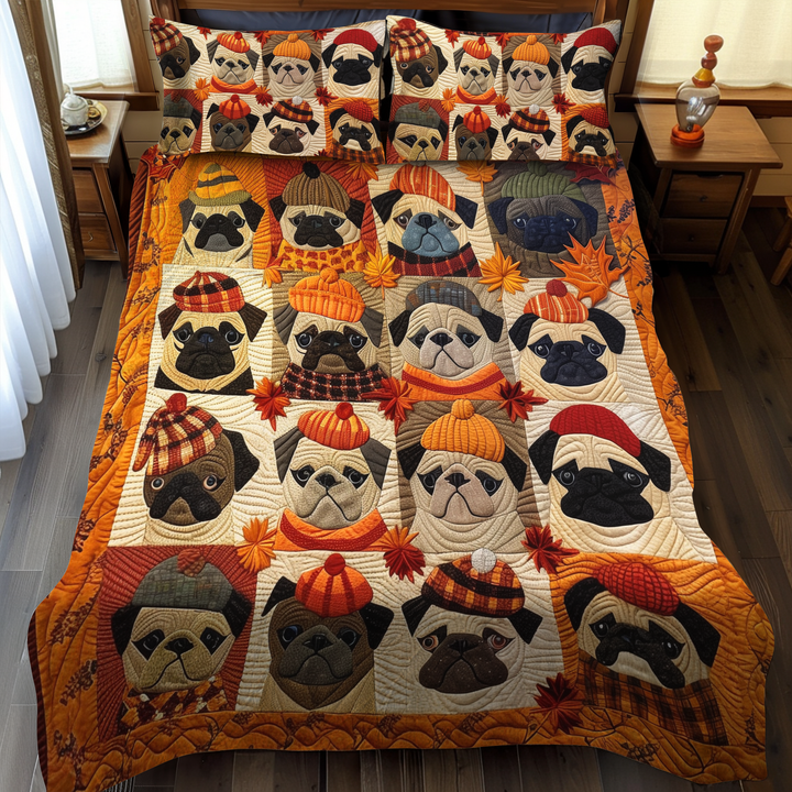 Ensemble de Literie Matelassé 3 Pièces Pugs Ambiance Automnale