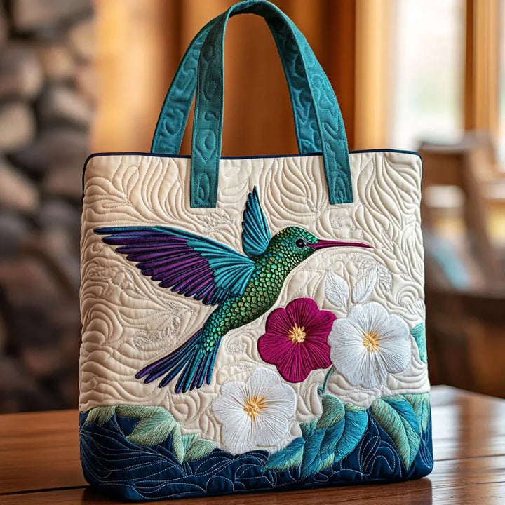 Sac fourre-tout matelassé - Colibri et fleur blanche