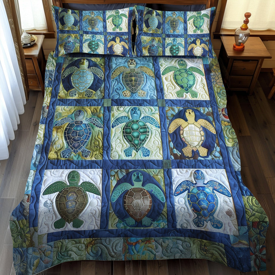 Ensemble de Literie Matelassé 3 Pièces Tortue de Récif Bleu