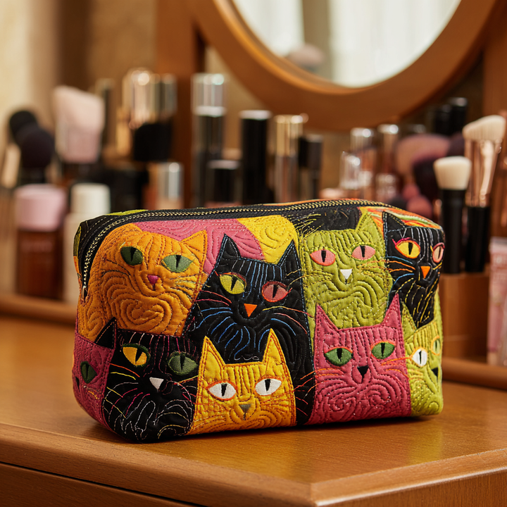 Trousse de Maquillage Matelassée Chat Jardin