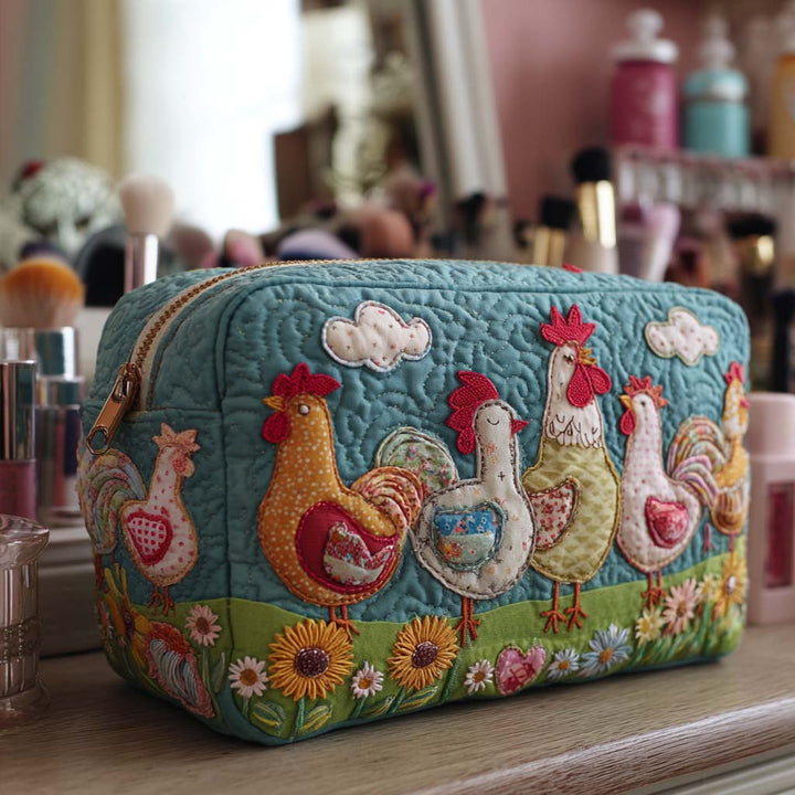 Trousse de Maquillage Matelassée Poules de Jardin