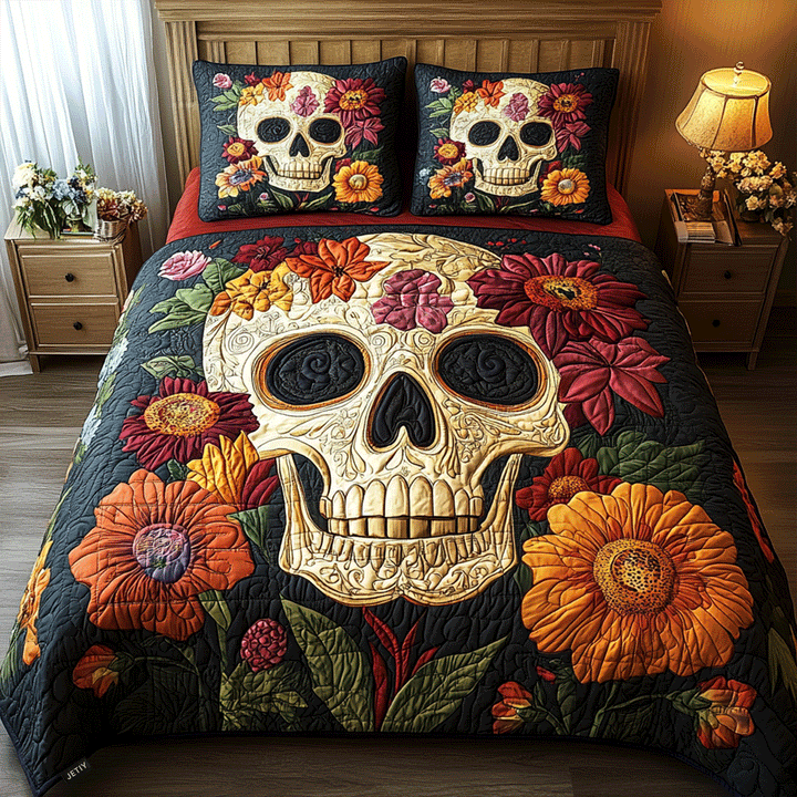 Ensemble de Literie Matelassé à Motif de Crâne Floral en 3 Pièces