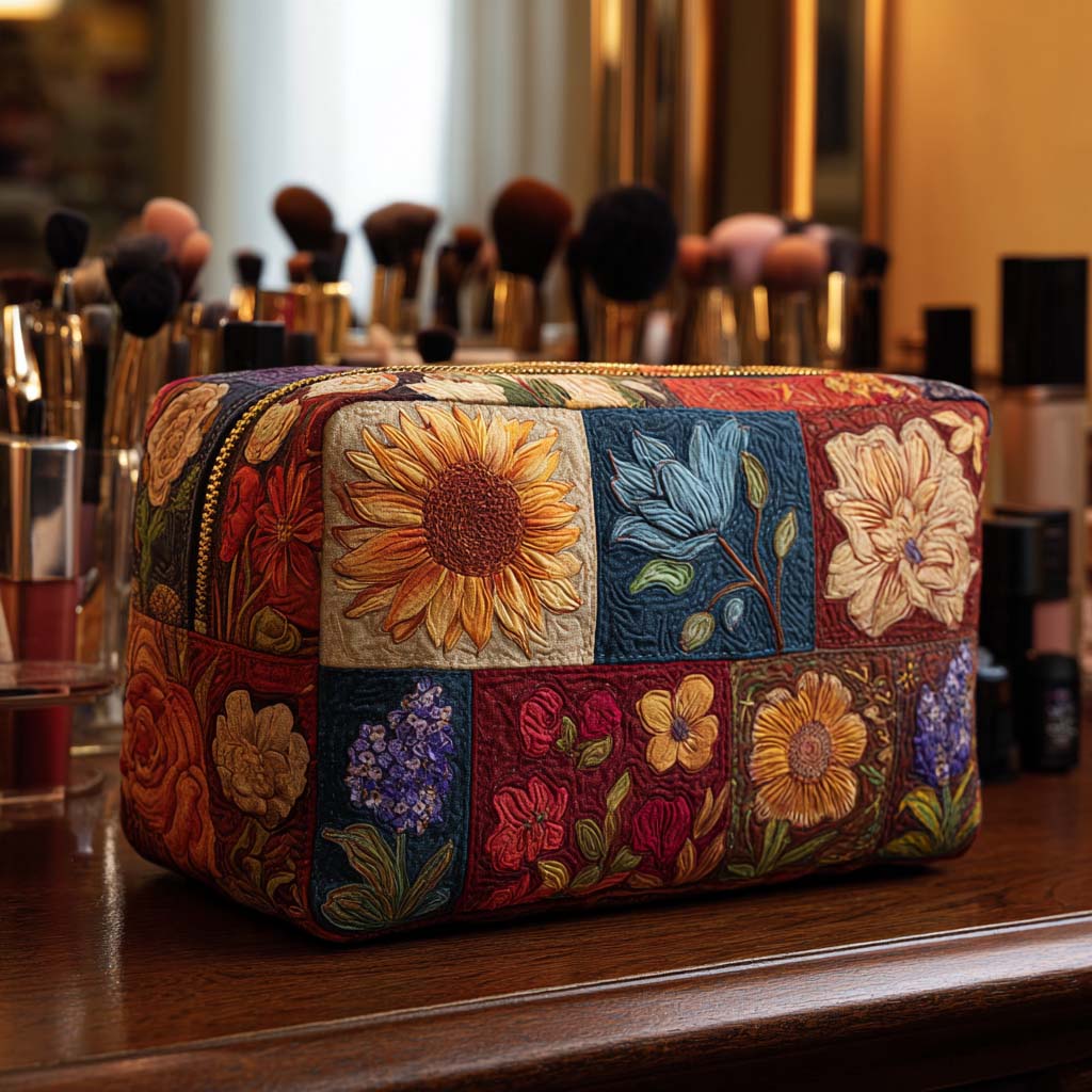 Trousse de Maquillage Matelassée à Motifs Floraux