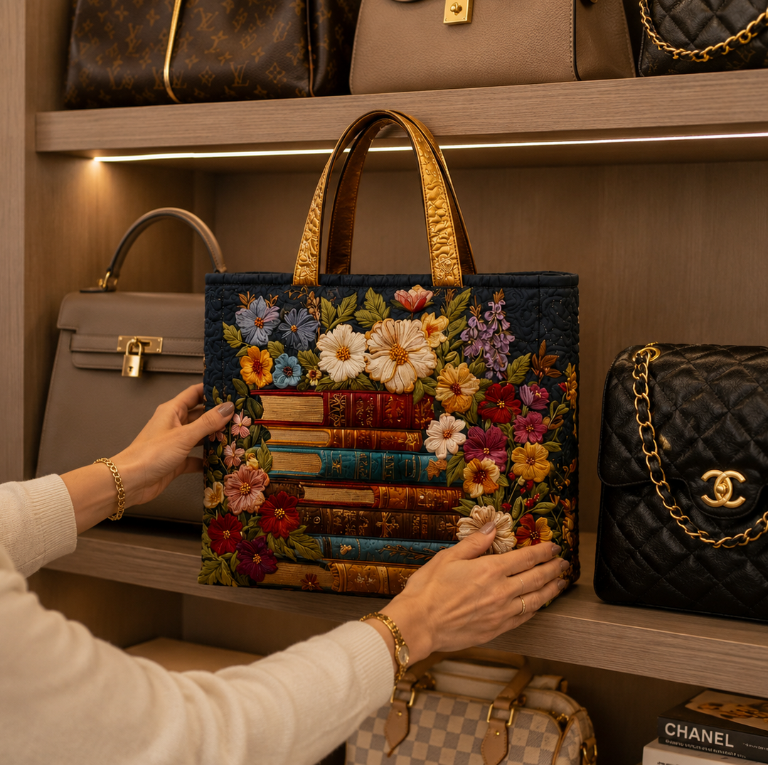 Sac fourre-tout matelassé - Imprimé floral et livre