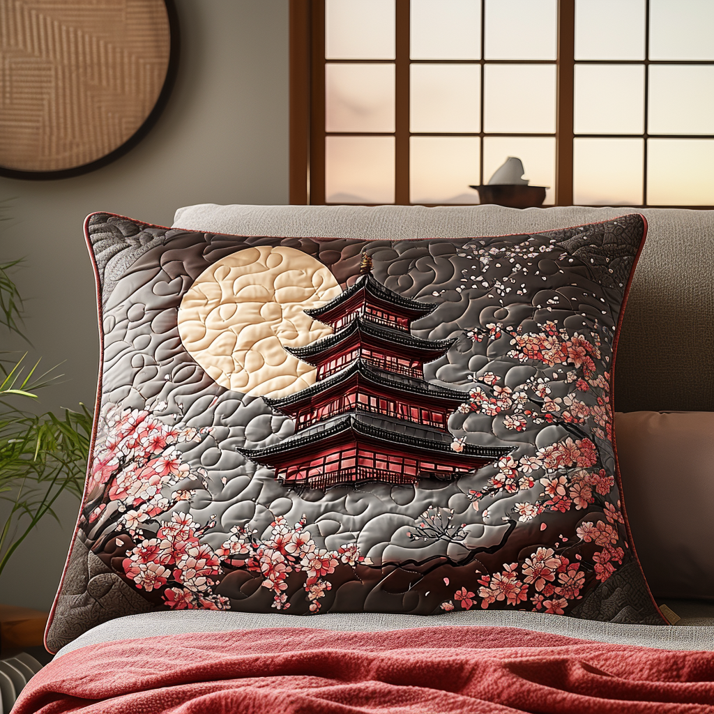 Housse de Coussin Quilté Ancienne Pagode Japonaise Lune NCU0DV6471