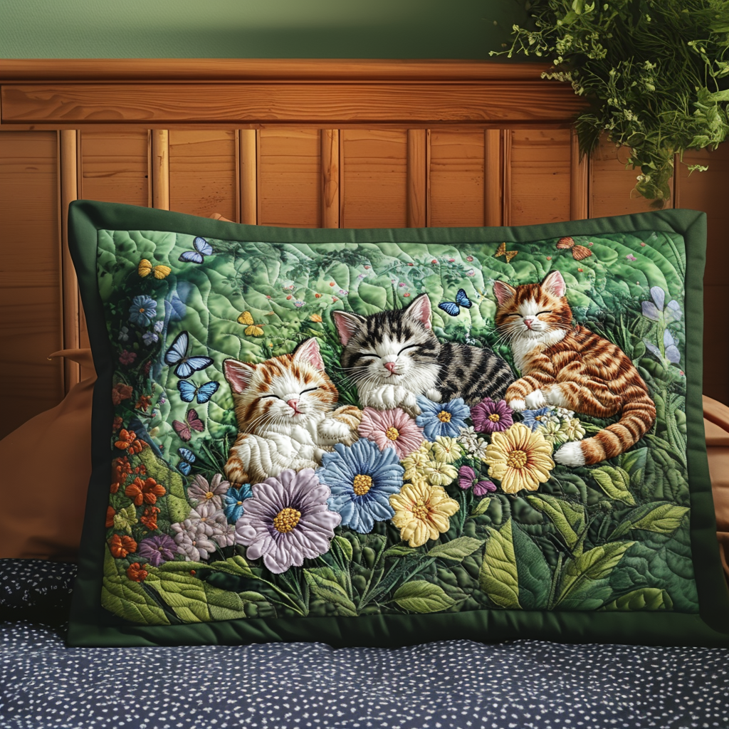 Housse de Coussin Matelassée avec Chatons et Fleurs NCU0NT6544