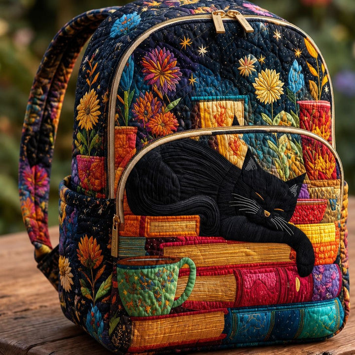 Sac à dos matelassé avec chat noir sur des livres