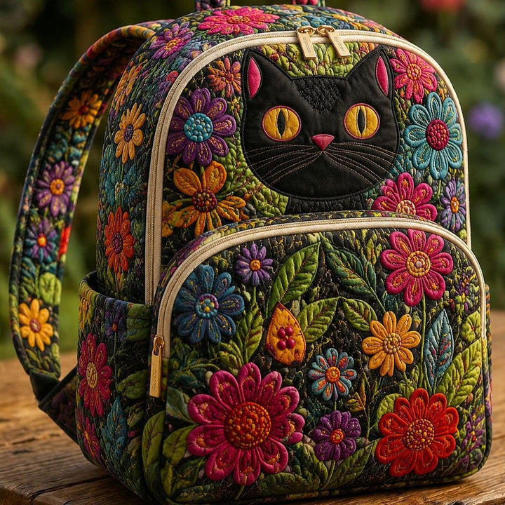 Sac à dos matelassé Chat Noir et Fleurs Sauvages