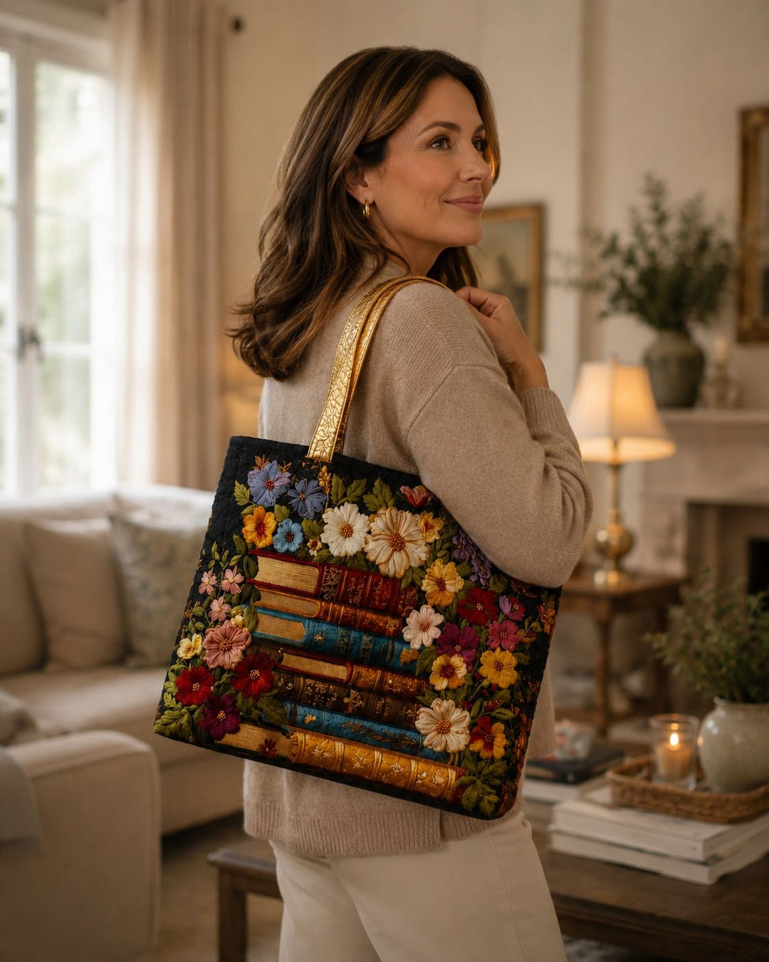 Sac fourre-tout matelassé - Imprimé floral et livre