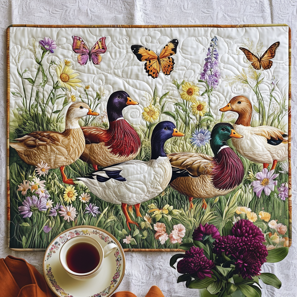 Nappe de table matelassée à motif floral fantaisiste avec canard NCU0DV428