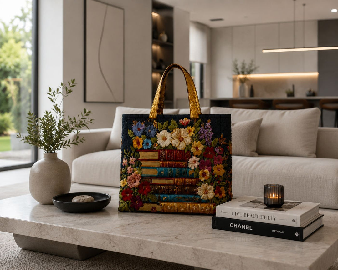 Sac fourre-tout matelassé - Imprimé floral et livre