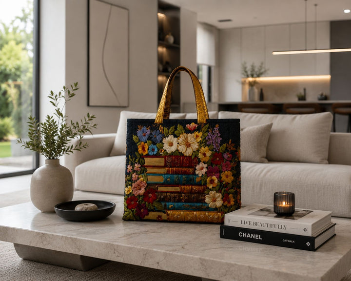 Sac fourre-tout matelassé - Imprimé floral et livre