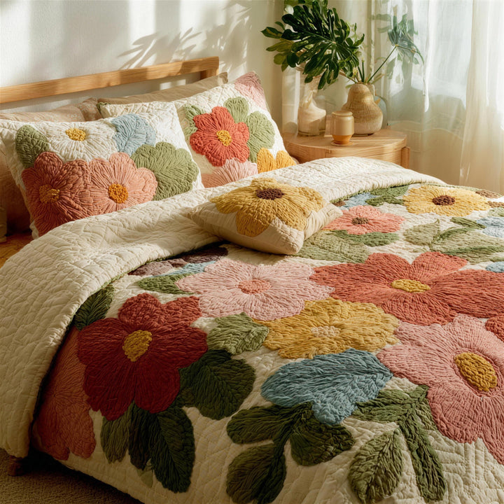 Ensemble de Literie Matelassé 3 Pièces Retro Daisy Patchwork