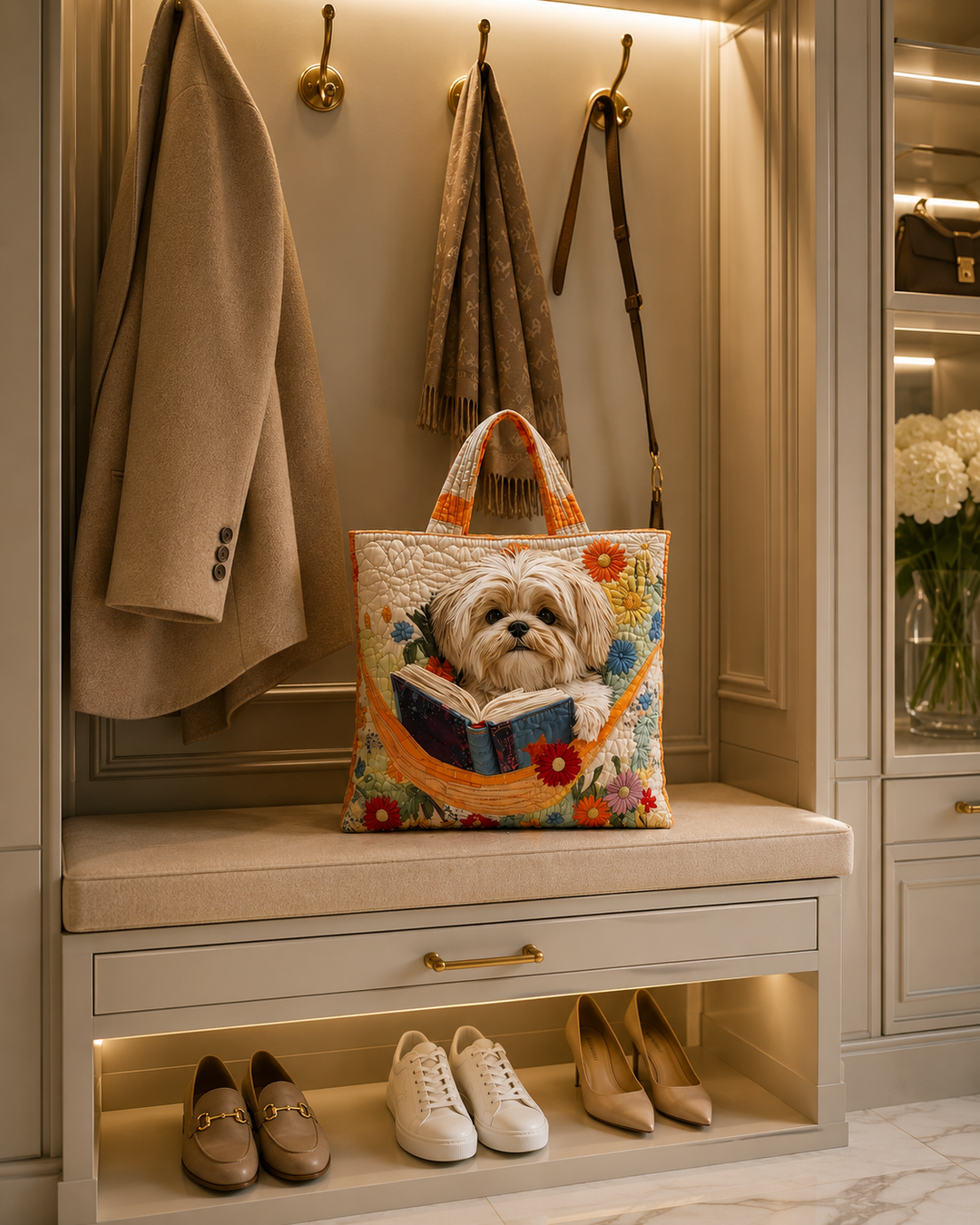 Sac fourre-tout matelassé - Shih Tzu avec des livres et des fleurs