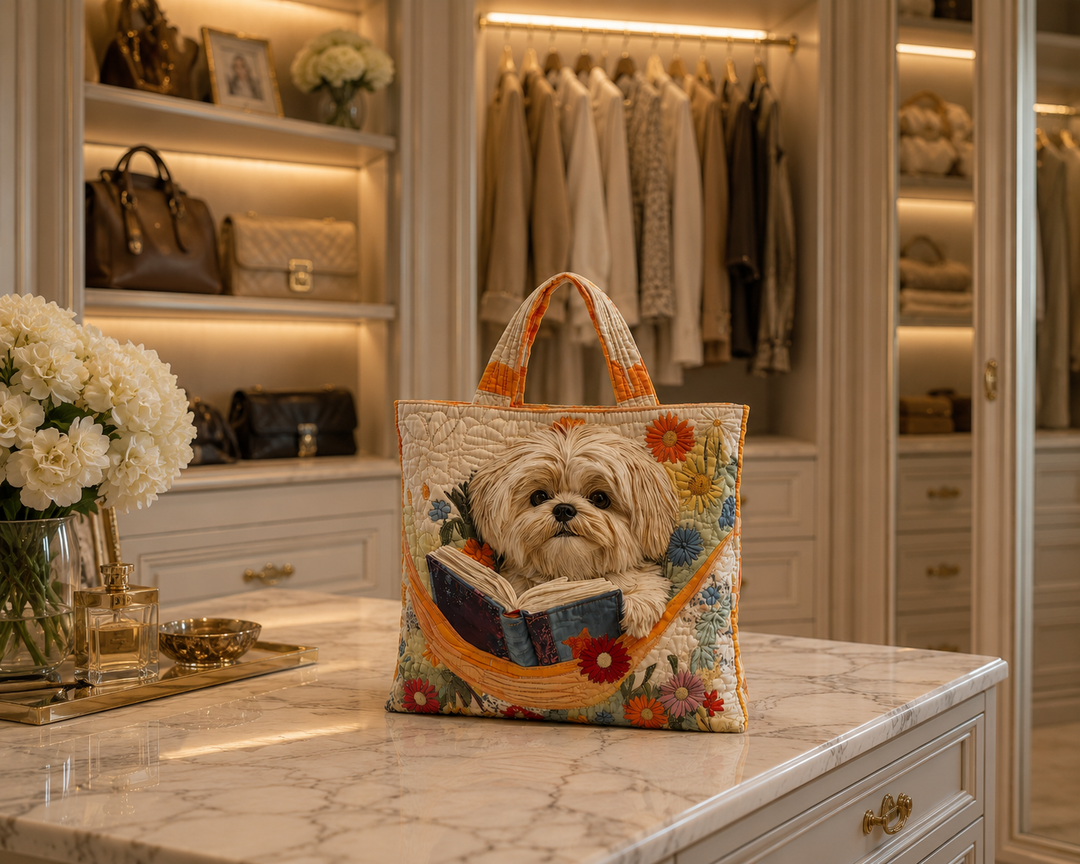 Sac fourre-tout matelassé - Shih Tzu avec des livres et des fleurs