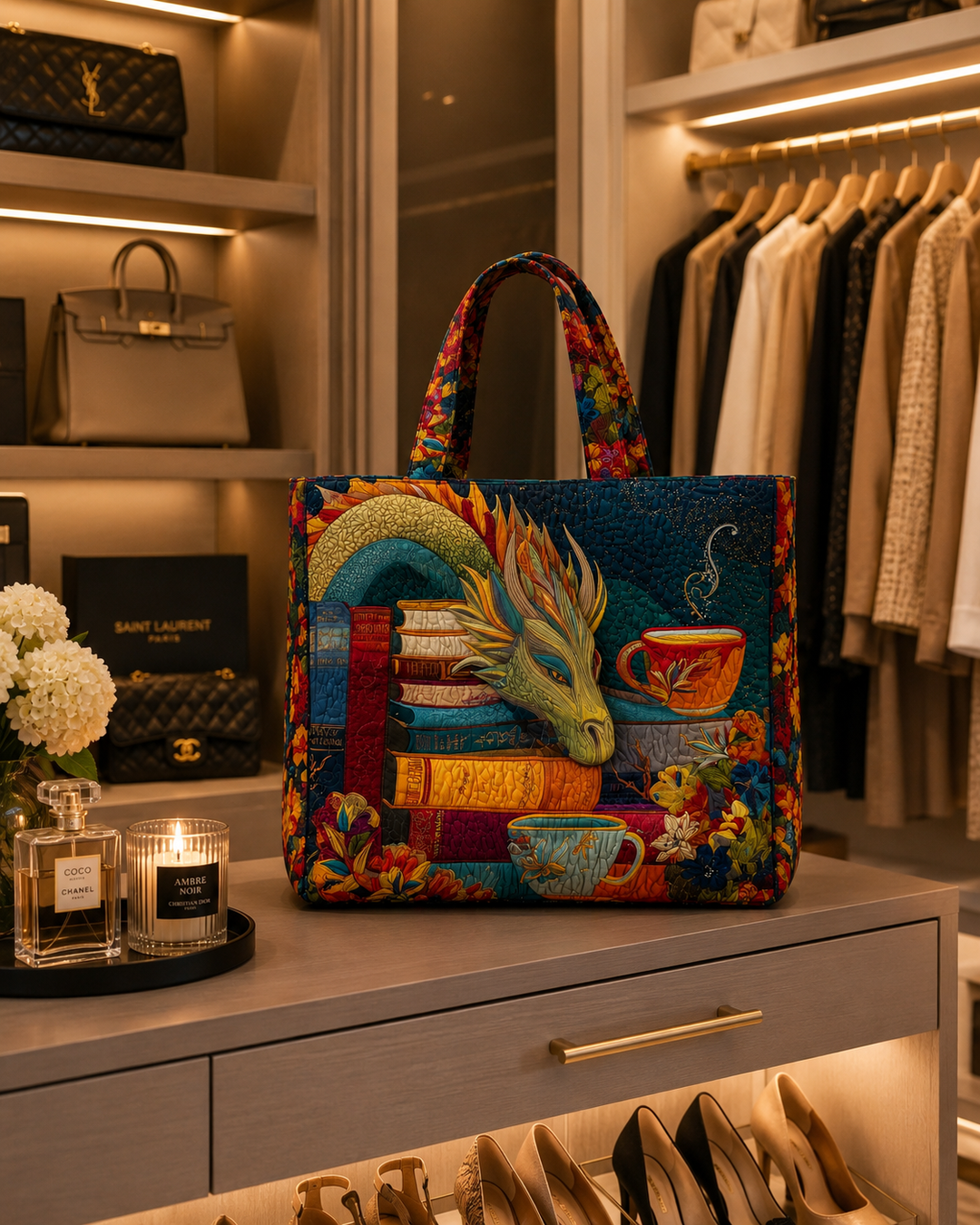 Sac fourre-tout matelassé - Dragon de lecture avec livres et tasses