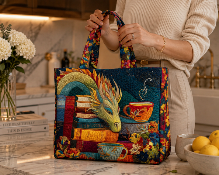Sac fourre-tout matelassé - Dragon de lecture avec livres et tasses