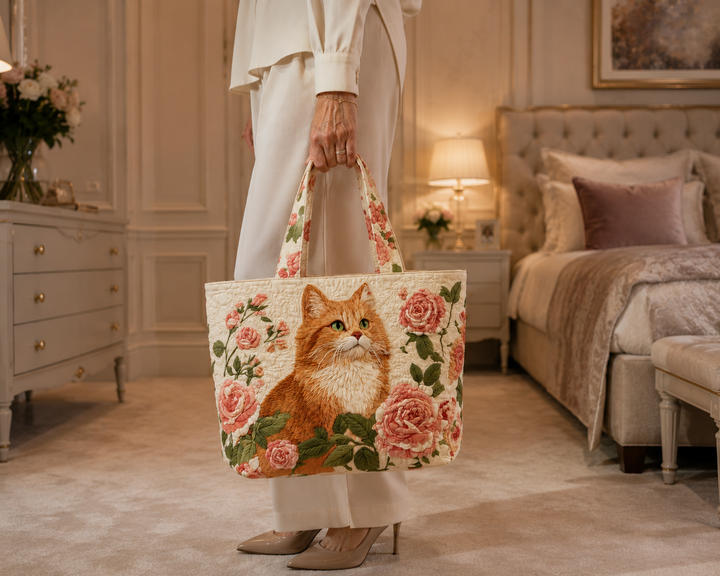 Sac fourre-tout matelassé - Chat roux avec des roses