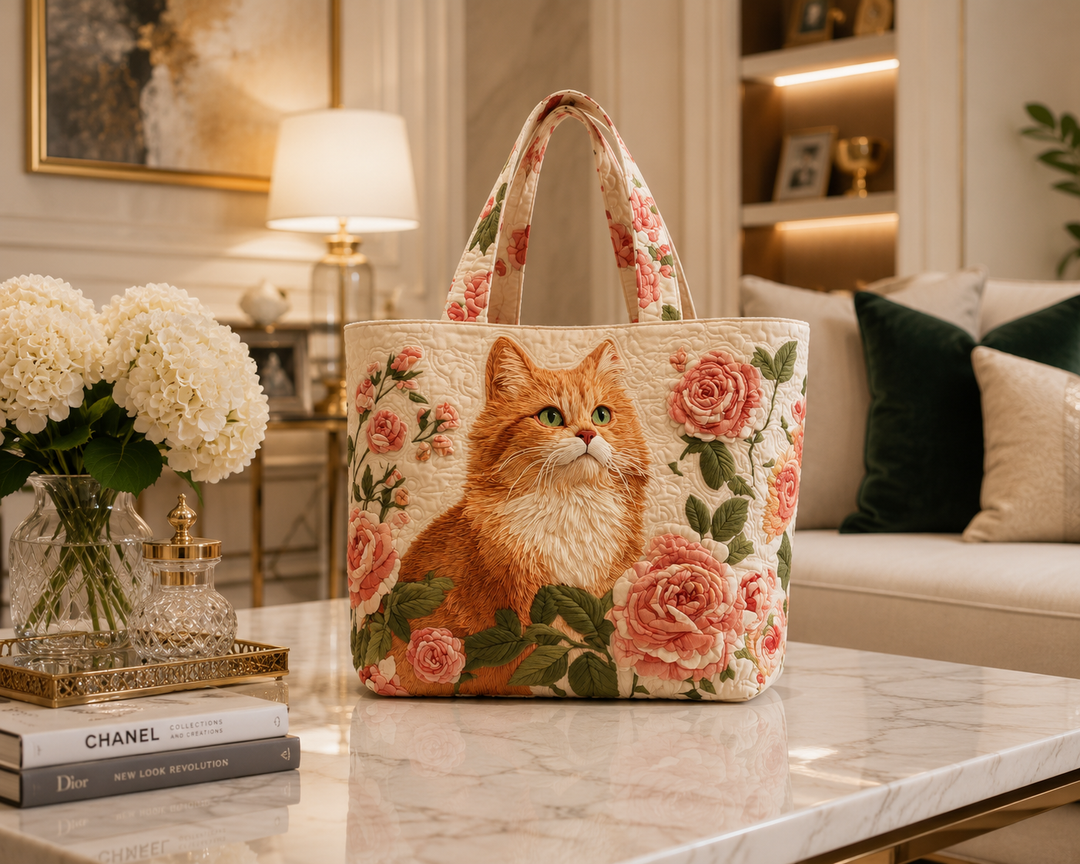 Sac fourre-tout matelassé - Chat roux avec des roses