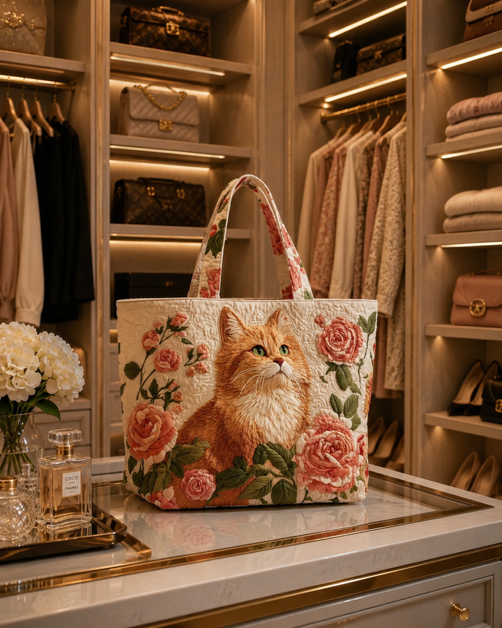 Sac fourre-tout matelassé - Chat roux avec des roses