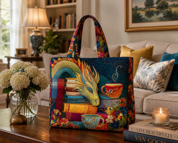 Sac fourre-tout matelassé - Dragon de lecture avec livres et tasses