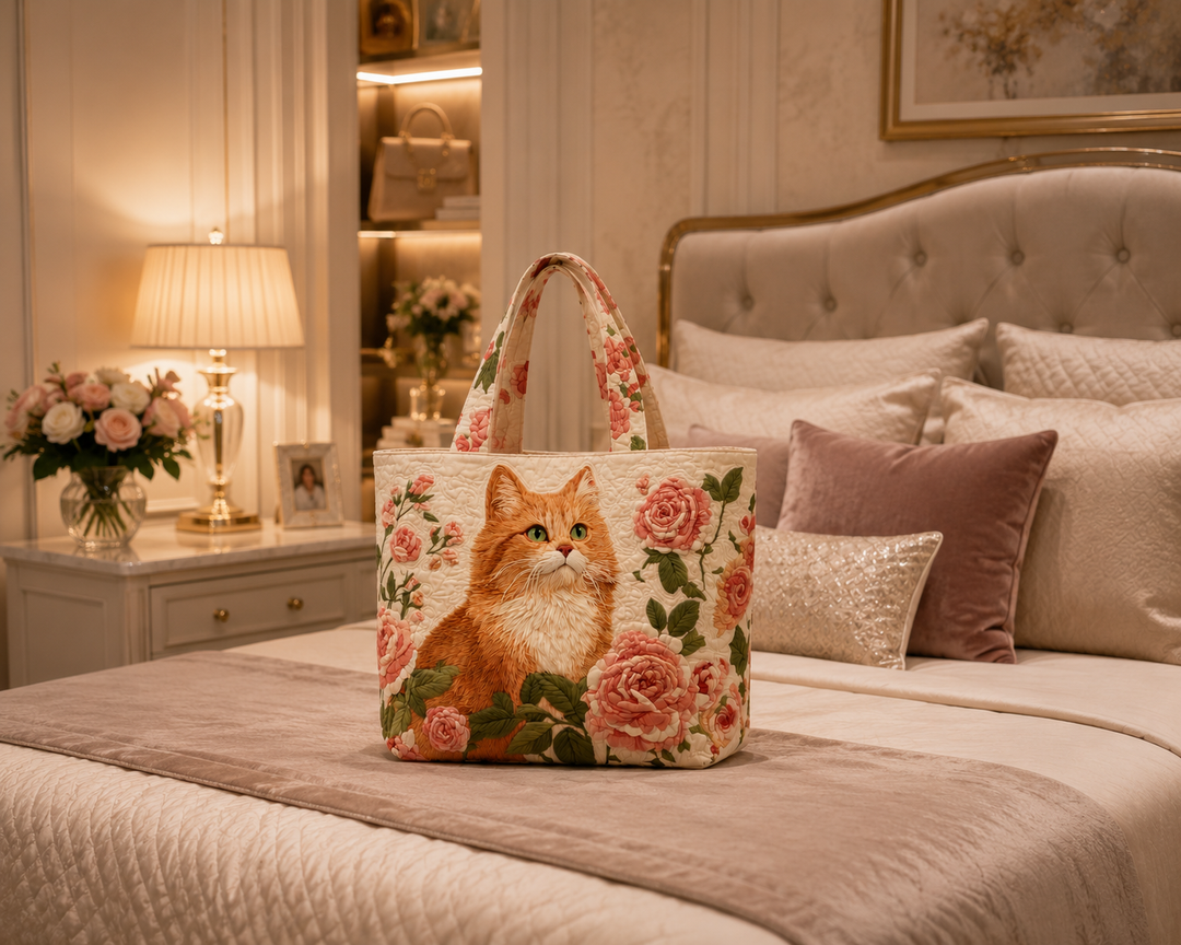 Sac fourre-tout matelassé - Chat roux avec des roses
